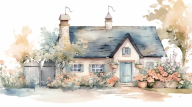 watercolour illustration, light pastel background, A cute rustic cottage motif in homestead vintage style. Vector illustration of whimsical rural country house. clipart, sublimation graphics, by Beatrix Potter, watercolour clipart, unique design, print on demand image, transparent PNG background, white background, 8k