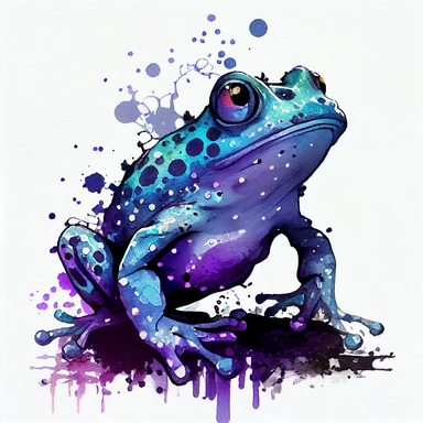 funny, blue and purple magic frog with funny dots, cartoon style, white background, black outside lines, designs, white background, watercolor pencil drawing, small details, digital art, clipart, super acurate, –testp, pixar,
