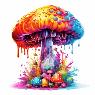 clipart mushroom, Psychedelic art, Acid Art, high resolution, neon rainbow colored, white background