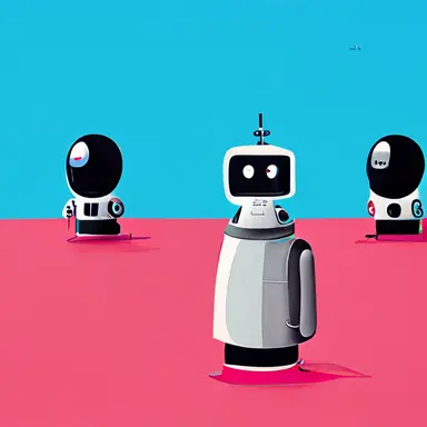 a virtual world full of heartfelt robots that encourage each other, play games with each other, create beautiful clipart together in a pop art style