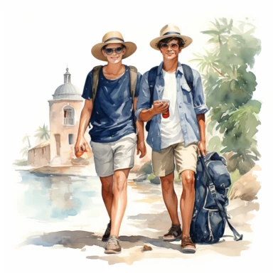 Travel Watercolor Clipart, two young men, best friends, sailing togrther, 19 blue themed, single object, isolated on white background, highly detailed, hand painted watercolor illustration by Cath Kidston, Emma Bridgewater, png transparent background, white background for removing background - - no text shadow font watermark