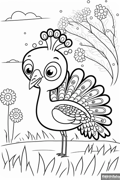 a cute and happy peacock in grasslands, black and white clipart for a kids coloring page, simple and clean, thin line art, accurate features, proportionally sized, illustration style,