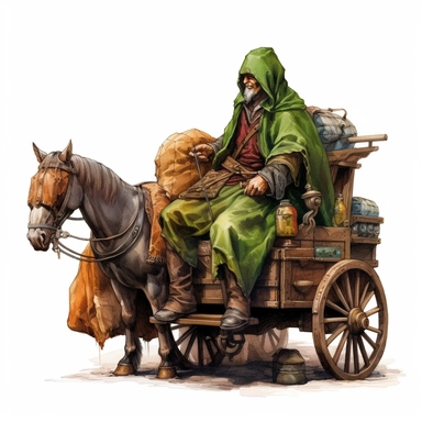 medieval merchant sitting on carriage with supplies, stylish | COLOR THEME: dark green, olive green, army green, black, light pink | watercolor, clipart, hyperrealistic, white background