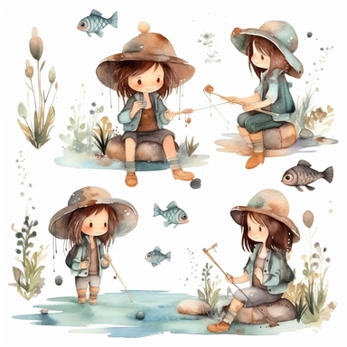 Watercolor boho fishing near a beautiful stream, illustrations clipart set, simple, soft colors, cartoon elements, different variants, cute little boy and girl fishing, separate elements with a margin