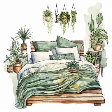 A boho style home bed room with watercolor effect, boho style tools, boho style details, boho colors, suitable for digital clipart, white background, boho style green plants, boho flowers