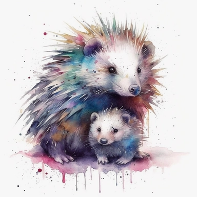 cute minimalist mama and baby porcupine, boho Clipart, Abstract Boho Clipart, Modern Boho, , Bohemian, , trending on artstation, super detailed, HQ, 8k hyper realistic watercolor chic, cute, detailed, watercolor, cohesive, balanced, , white background, border, beautiful