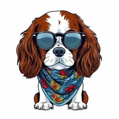 funny kawaii Cavalier King Charles with sunglasses and cool bandana or necklaces,cute illustration, clipart, white backgound, Cuttable Design