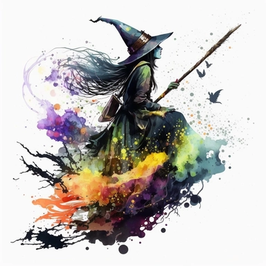 watercolor drawing of witch on a magic broom, many witchcraft elements, fantasy, fairytale, storybook, clipart, very detailed, very rich bright colors, dark mood, white background, 4k quality