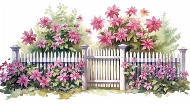 A picket fence with a flower box displaying a cascade of blooming plants clipart, white background, watercolor drawing