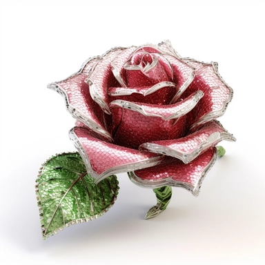 clipart of a sculpture of a realistic rendering of a pink rose made out of pure diamond and emerald on a white background, in the style of extremely detailed, mineral, expensive, 8k