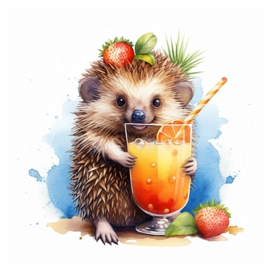 create a clipart featuring a cute hedgehog illustration, vibrant colors, watercolor, summer vibes, beach, Hawaiian vibes, cocktail drink, fruits, realistic, minimal, against a white background