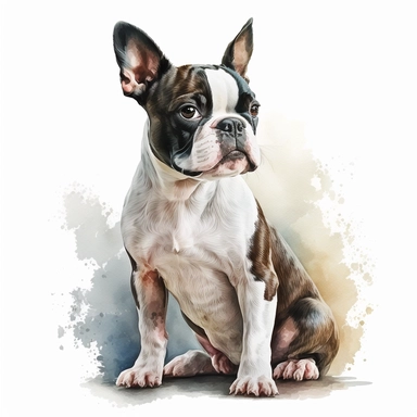 a watercolor painting of a Boston Terrier dog, clipart, white background