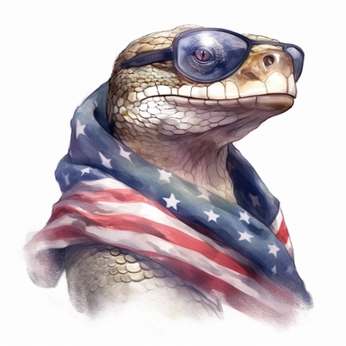 Anaconda, wears American flag scarf and sunglasses, medium shot, low angle, watercolor style, realistic animal illustrations, 2d game art, quadratura, clipart, on white background,