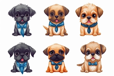 9 sets of a cute baby puppies Munchkin, smile,round face,round head,Wearing a tie,different poses,different breeds, clipart, isolated on white background, spaced out,