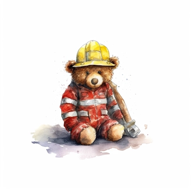 one teddy bear in a fireman costume Clipart on a white background, in the style of emotional watercolors, concrete, realistic depictions of everyday life, dusty piles, flickr, romantic illustration, hikecore, no watermark, text, words, paintbrush, 300 DPI, typography, the images do not stick together, no text in the picture