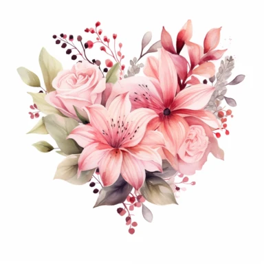 Delicate watercolor illustration of a pink flower bouquet, captured from a side angle, presented within a heart-shaped frame, evoking feelings of love, romance, and the tender beauty of heartfelt gestures, clipart on a clean white background.