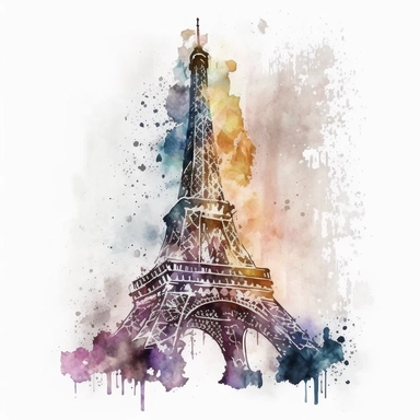 realistic eiffel tower watercolour style clipart with white background