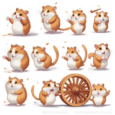 Illustration of an adorable hamster Clipart Set, each with a different pose and expression, white background, cute, playful, joyful illustration, digital art, Pixar art, 16:9 aspect ratio - presenting hamsters running in a wheel, nibbling on food, and exploring, with expressions such as energetic, focused, and inquisitive