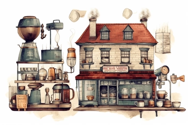 coffee shop vintage clipart style, white background