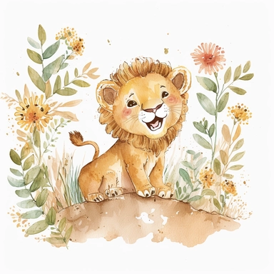 The watercolor clipart illustration shows a baby lion playing in a natural setting. The background is a white space to keep the focus on the cute baby lion. The colors are warm and inviting, with shades of yellow, brown, and white. The baby lion is depicted in a playful and happy way, with its mouth open in a smile and its paws stretched out. This would be a perfect watercolor clipart for kids to enjoy and learn about lions.