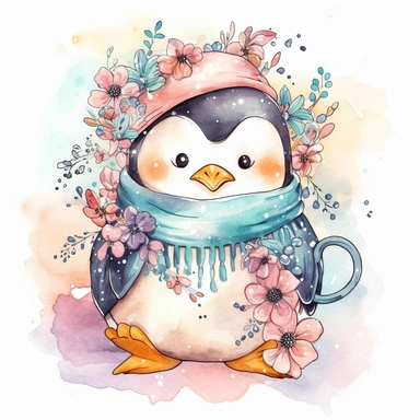 a cute penguin with a winter scarf and a hot cocoa mug, depicted in a whimsical, cartoon style, watercolor, surrounded by colorful flowers and butterflies. The mood of the artwork is cheerful and playful, with a soft pastel color palette. The lighting style is bright and sunny, evoking a warm and inviting feeling. clipart design graphic, vector, contour, super cute, isolated white background, high quality, 2d, flat