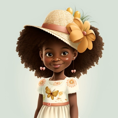 Happy Black Girl Smiling on Easter Sunday , Wearing a Easter hat , standing , walking, Carring easter basket , Easter art, funny black girls clipart, Funny black girl , Frilly Easter Dress , Ribbiobs in Hair Cheerful african american girl child png, clipart, afro ,Full body with legs , Cottage core , Love shack Fancy, Highly detailed close-up portrait , standing , Nicoletta Ceccoli, Mark Ryden, lostfish, Earl Nor, global lighting, divine rays, detailed and intricate surroundings, sf, intricate a
