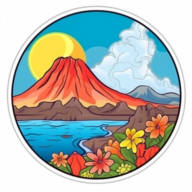 Sticker, clipart, bright colors, Brush painted volcano with tulip flower inside and coastline beneath ,contour, vector, white background, white outline, circle frame.