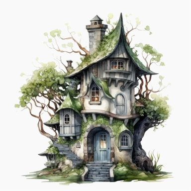 one fairy house clipart on a white background, in the style of hyperrealistic fantasy, intricate art nouveau, international gothic, highly detailed realism, atmospheric watercolors, fantasy characters, dark white and light green , no watermark, text, 300 DPI , typography, shapes do not stick together, no text in the picture, on a white background