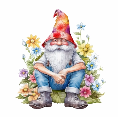the most cute whimsical gnome, with hat over eyes, wearing a summer flowers hat and poulaines shoes, hands in his pockets, sitting, clipart, white background with margins v