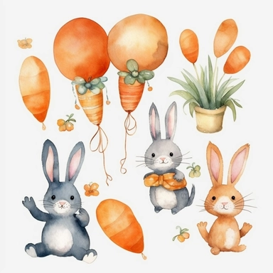 Watercolor Carrot Clipart - digital png carrots, rabbits and cake graphics, single element