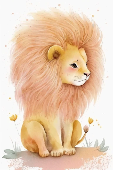 Watercolor cute lion clipart, outline, color pastel, high quality, aesthetic style, illustration isolated on white background