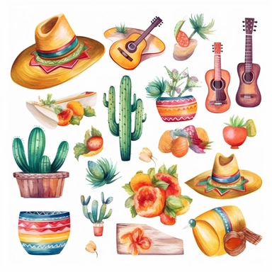 cinco de mayo clip art collection water color in accurate detail contact sheet white background