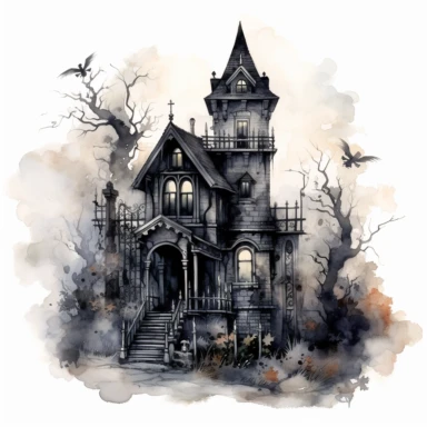 Isolated clipart image of a spooky gothic house with intricate architectural details, twisted spires, and looming shadows, each house unique in its design, showcasing different elements like pointed windows, wrought - iron gates, and weathered stone walls, surrounded by a foggy atmosphere that adds a sense of mystery and intrigue, watercolor painting, delicate brushstrokes capturing the eerie charm,