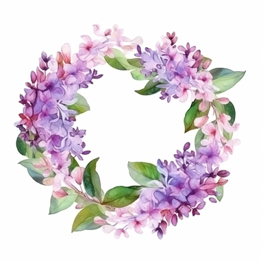 lilac flower wreath in white and purple color, lilac bush leaves, watercolor clipart, bright colors, isolated white background, 8k
