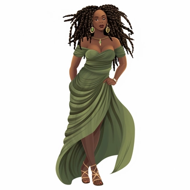 clipart fat dark skinned black woman with long dread locks in olive green dress