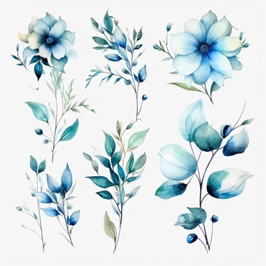 realistic watercolor aqua floral cliparts white background