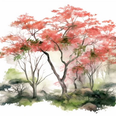 Watercolor, Japanese Maple Trees, old, long branches, Clipart, springtime japanese trees, forest, grass, white background