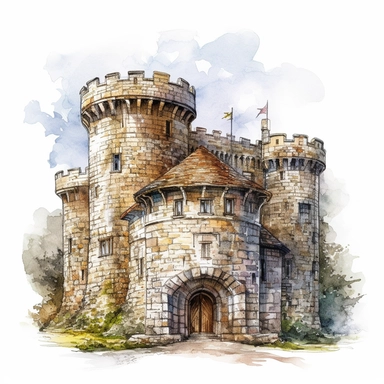 isolated images, illustrations on a white background, realistic medieval castle, Clipart, watercolor, realistic, isolated, full building, highly detailed, hdr, 32K, photo expert quality, watercolor realistic, hyperrealistic and highly detailed, isolated on a white background
