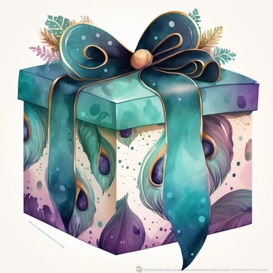 clipart watercolor flat box in peacock pattern with huge long bow on top