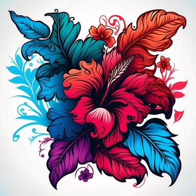 handmade hibiscus clipart bucay tattoo style art illustration seamless design with leaves and flower, in the style of colorful gradients, psychedelic neon, dan Mumford, light red and blue, on white backgrounds, high-contrast shading, colorful caricature, no text