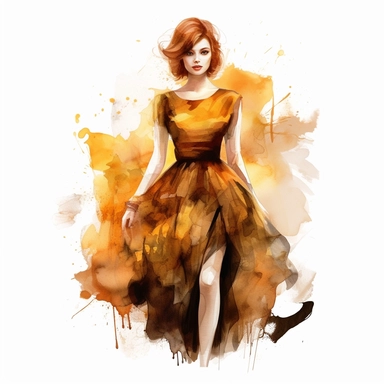 gothic style overrealistic beautiful woman in amber dress with watercolor effect,gold details,suitable for digital clipart,white background, no physical deformation, realistic features,royality fashion, space out