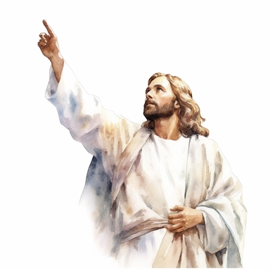 clipart, white jesus pointing up to the sky, watercolor, white background