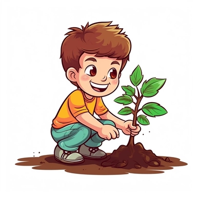 Boy Planting a Tree Cartoon Colored Clipart vector illustration