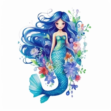 Clipart cute mermaid in full body with fish tail and pretty flowers, fairytale, underwater world, beautiful composition, watercolor paints, isolated objects on white background, imaginative, beautiful colors, turquoise, light blue, royal blue, fairytale, k8