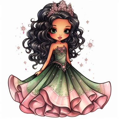A cute detailed black girl in chibi style, Jasmine Becket - Griffith style, watercolour illustration clipart with real glitter detail, wearing a beautiful pink full length ballgown style dress, the girl has long black hair, the girl has green eyes, full body image, with feet isolated on a white background,