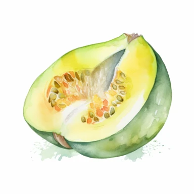 Create a bright watercolor clipart illustration of a ripe, juicy honeydew melon sliced open to reveal its sweet, juicy ,watercolor, vector, contour, white background.