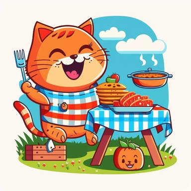 cartoon happy cat in the picnic preparing BBQ vibrant color clipart