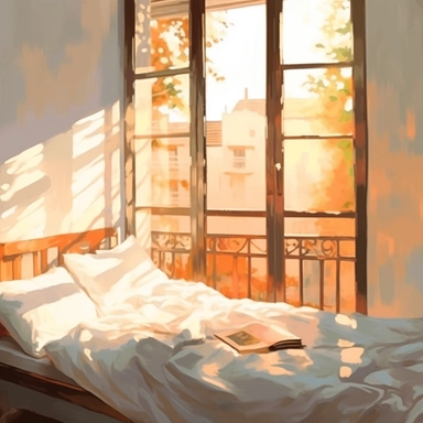 The morning sunlight shines into the window, and there is a bed in the room with oil paintings, White background, Clip Art Style