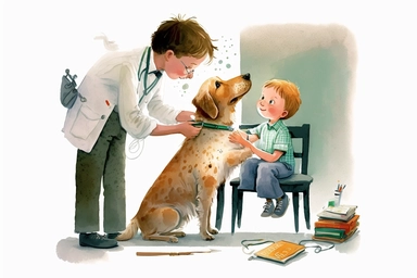 A [veterinarian curing a dog] children book illustration, watercolor clipart