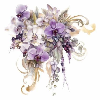 Create a clipart of a glamorous bouquet with cascading orchids, crystal accents, and satin ribbons, arranged in a lavish and opulent style. The colors used should be rich and luxurious, incorporating shades of deep purple, silver, and gold. Water colour. White Background